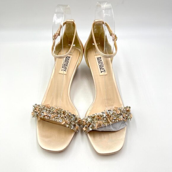 Badgley Mischka Size 7 Teasha Soft Nude Satin Jeweled Wedges Dress Sandals Shoes - Picture 2 of 15